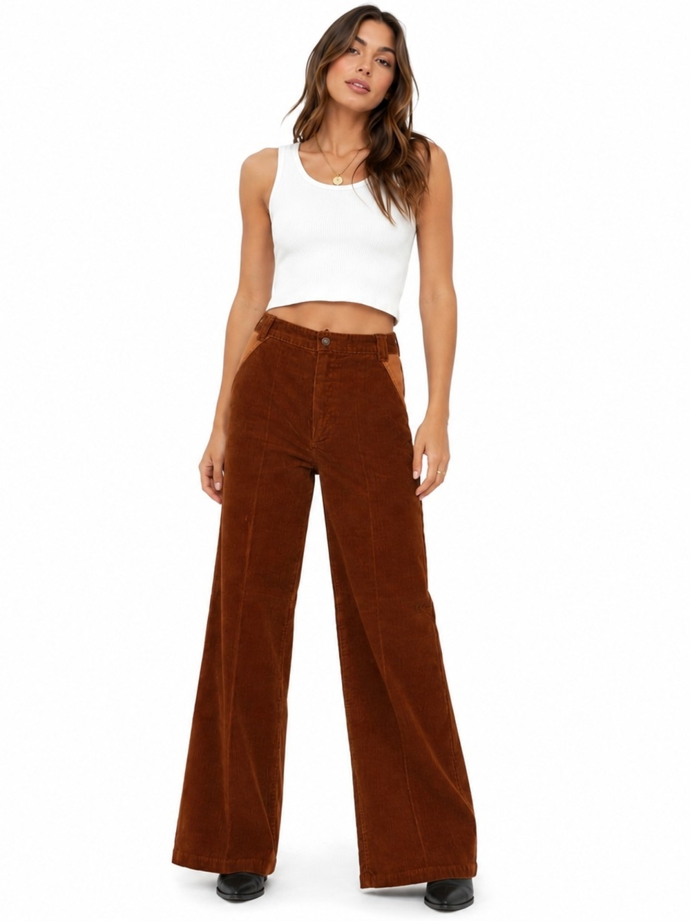 Vintage Dittos Brown Corduroy Wide Leg Pants 70s Boho Retro High Rise Size 26